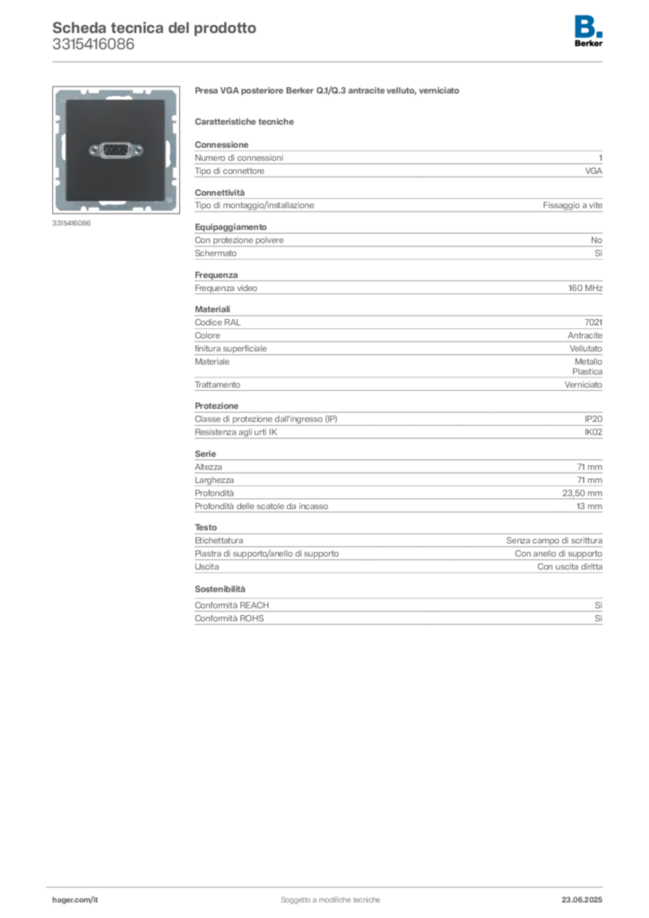 Immagine Berker Scheda tecnica del prodotto 3315416086 | Hager Italia