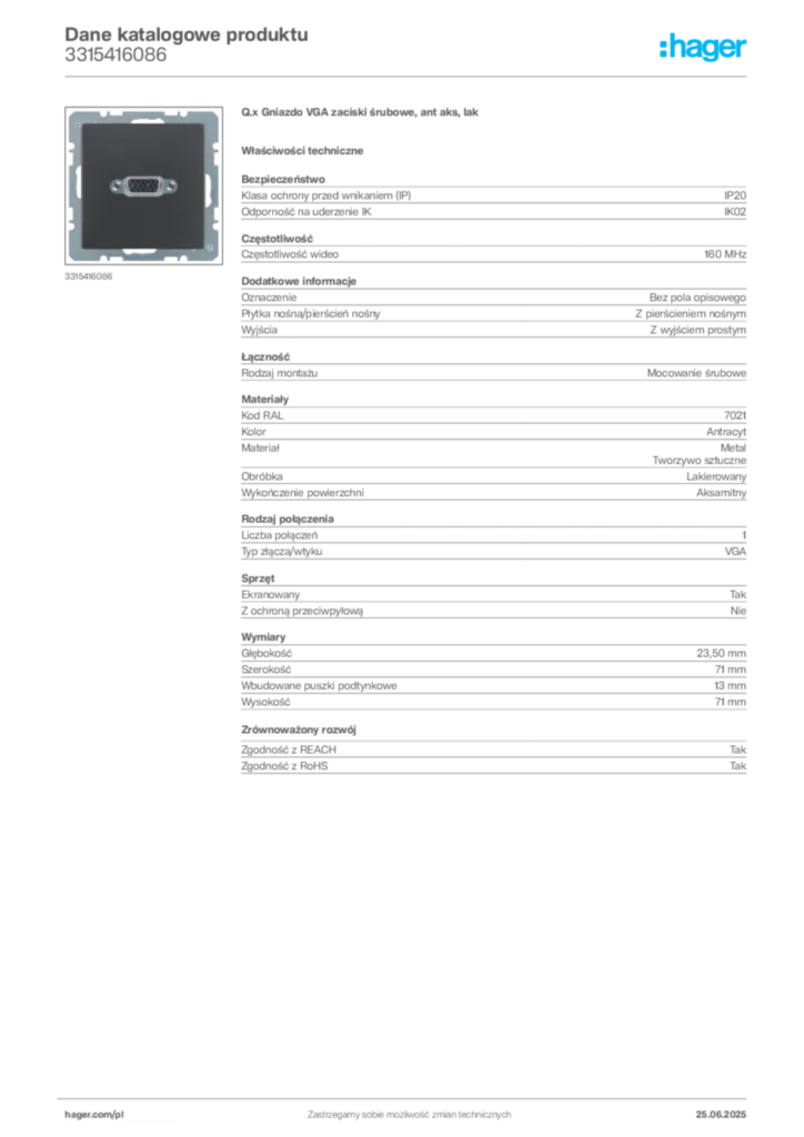 Zdjęcie Hager Dane katalogowe produktu 3315416086 | Hager Polska