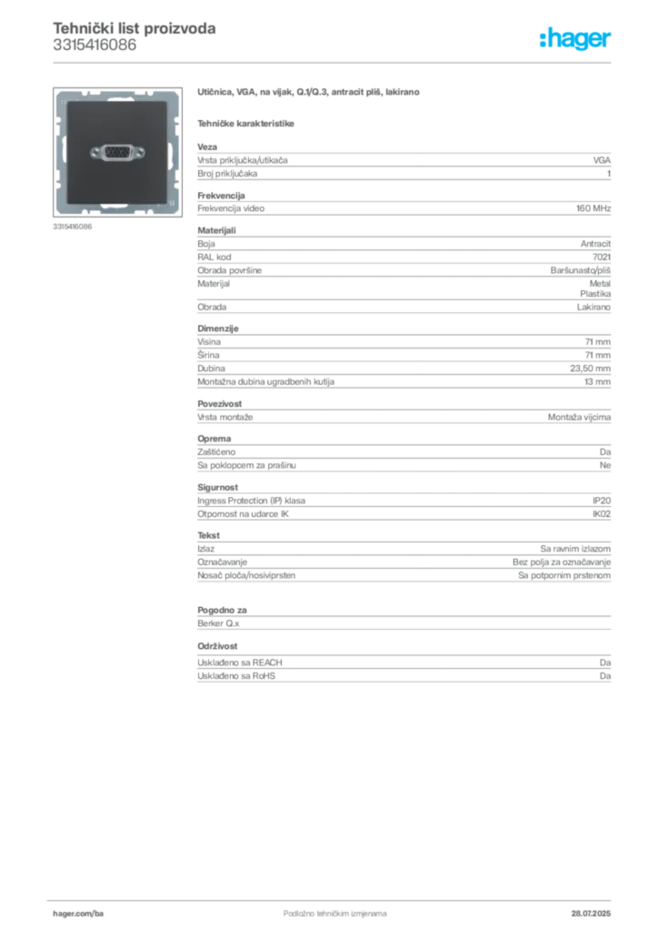 Slika Hager Product data sheet 3315416086  | Hager