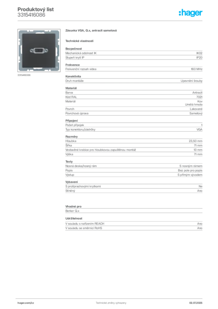 Obrázek Hager Produktový list 3315416086 | Hager