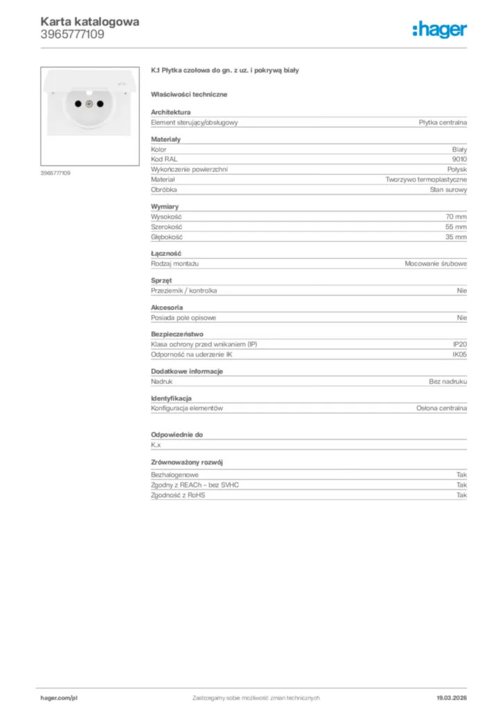 Zdjęcie Hager Karta katalogowa 3965777109 | Hager Polska