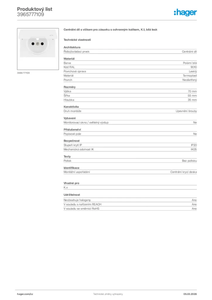 Obrázek Hager Product data sheet 3965777109 | Hager