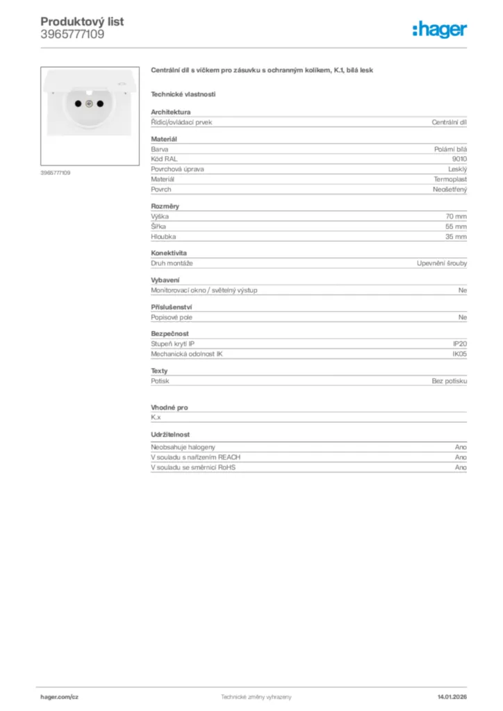 Obrázek Hager Product data sheet 3965777109 | Hager