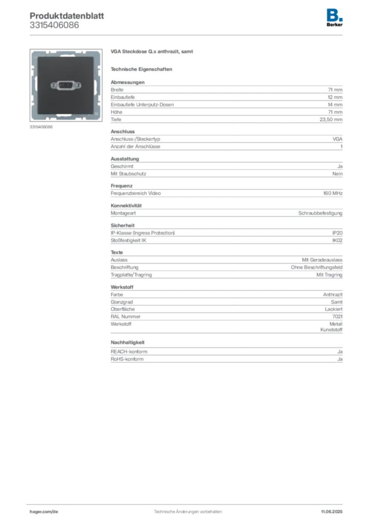Bild Berker Produktdatenblatt 3315406086 | Hager Deutschland
