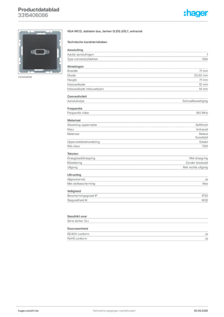 Afbeelding Hager Productdatablad 3315406086 | Hager Belgium