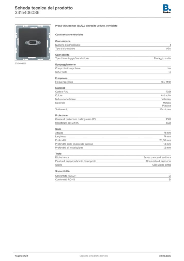 Immagine Berker Scheda tecnica del prodotto 3315406086 | Hager Italia