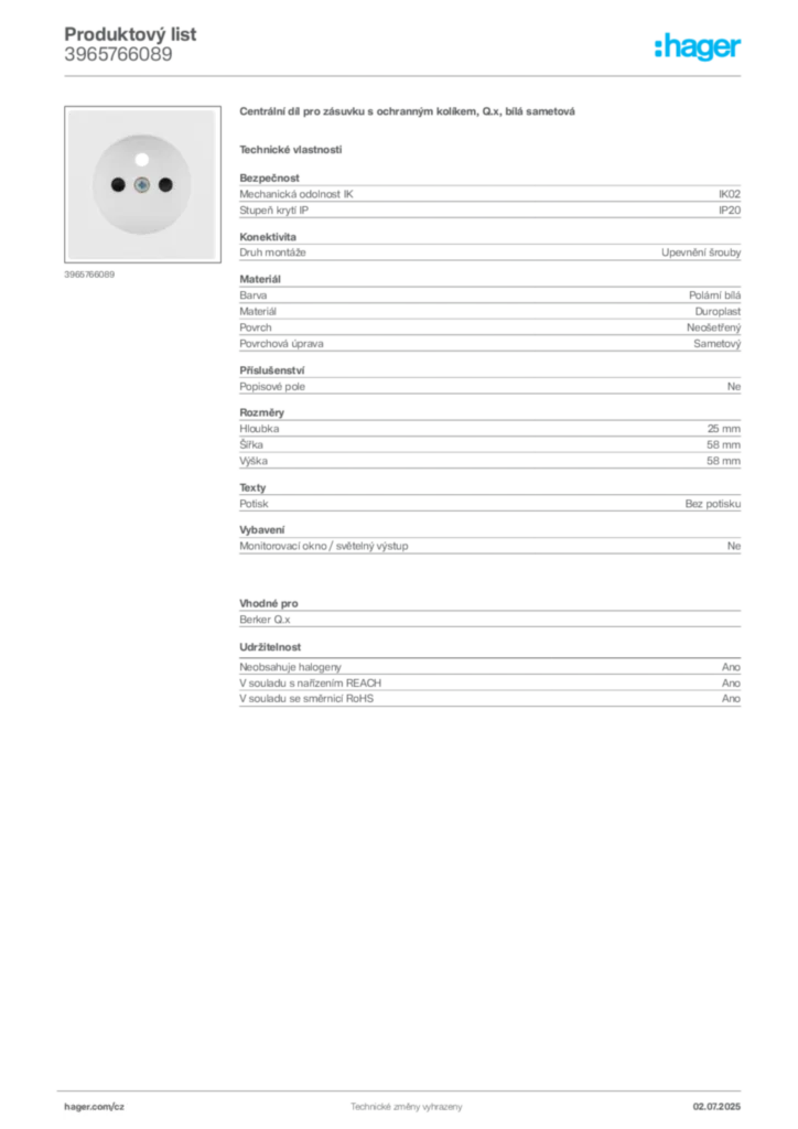 Obrázek Hager Produktový list 3965766089 | Hager