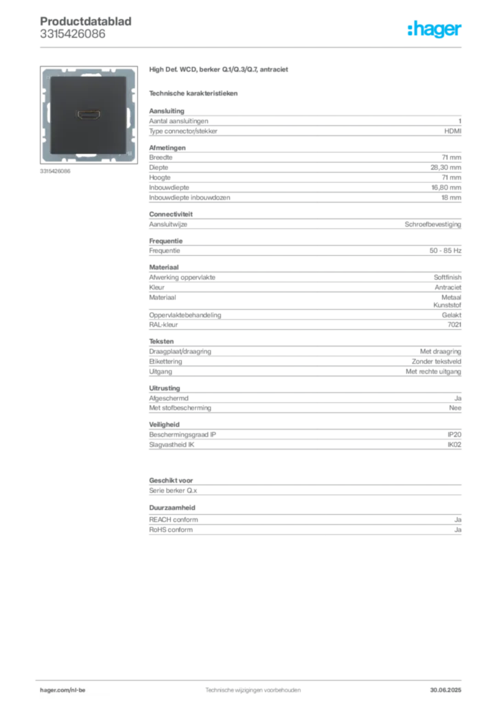Afbeelding Hager Productdatablad 3315426086 | Hager Belgium
