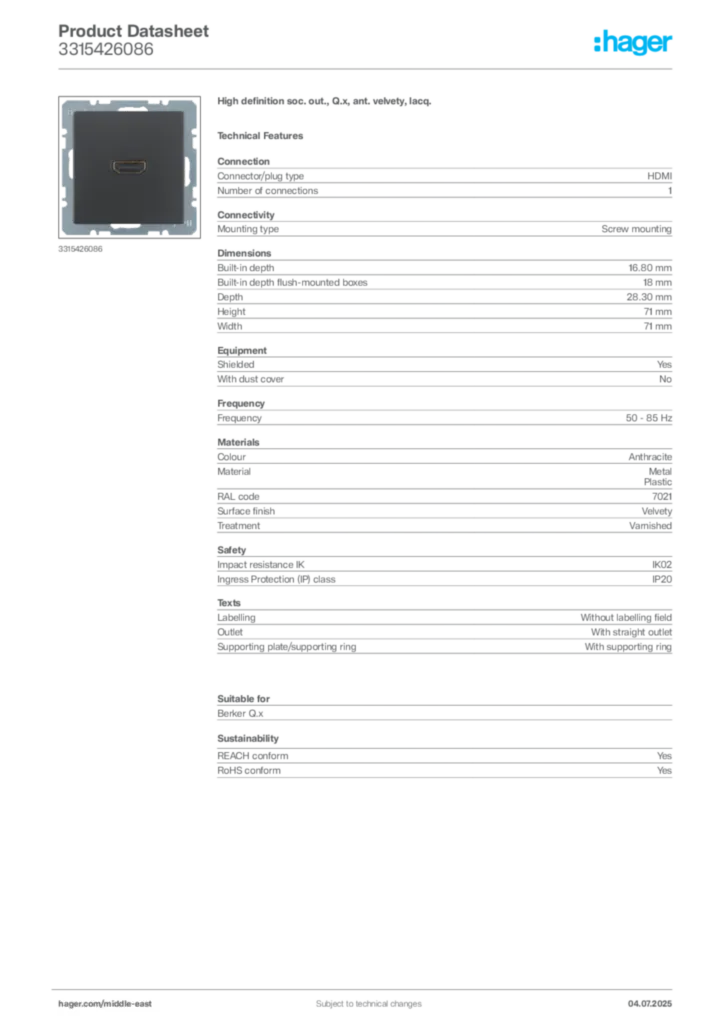 Image Hager Product data sheet 3315426086  | Hager