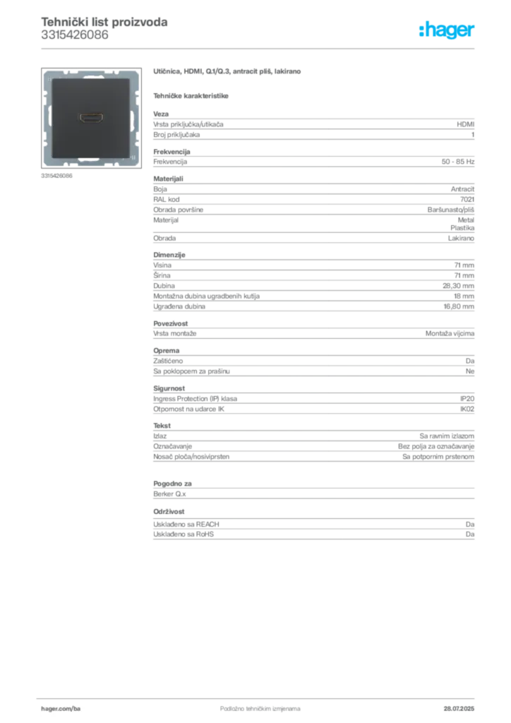 Slika Hager Product data sheet 3315426086  | Hager