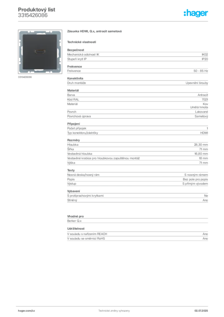 Obrázek Hager Produktový list 3315426086 | Hager