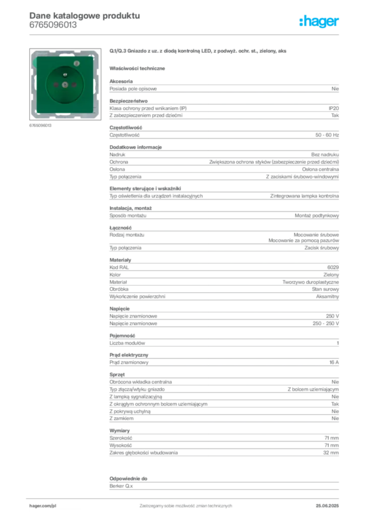 Zdjęcie Hager Dane katalogowe produktu 6765096013 | Hager Polska