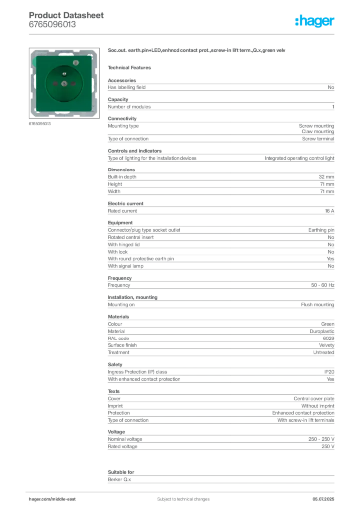 Image Hager Product data sheet 6765096013  | Hager