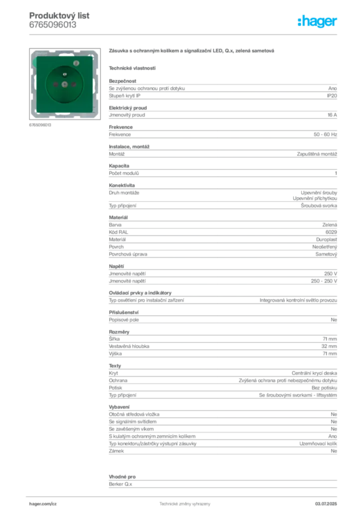 Obrázek Hager Produktový list 6765096013 | Hager