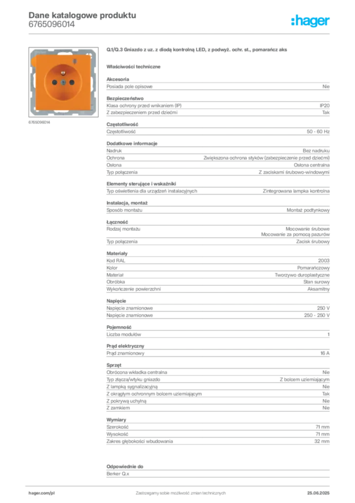 Zdjęcie Hager Dane katalogowe produktu 6765096014 | Hager Polska