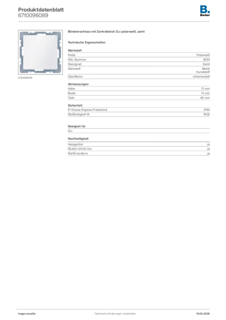 Bild Berker Produktdatenblatt 6710096089 | Hager Deutschland