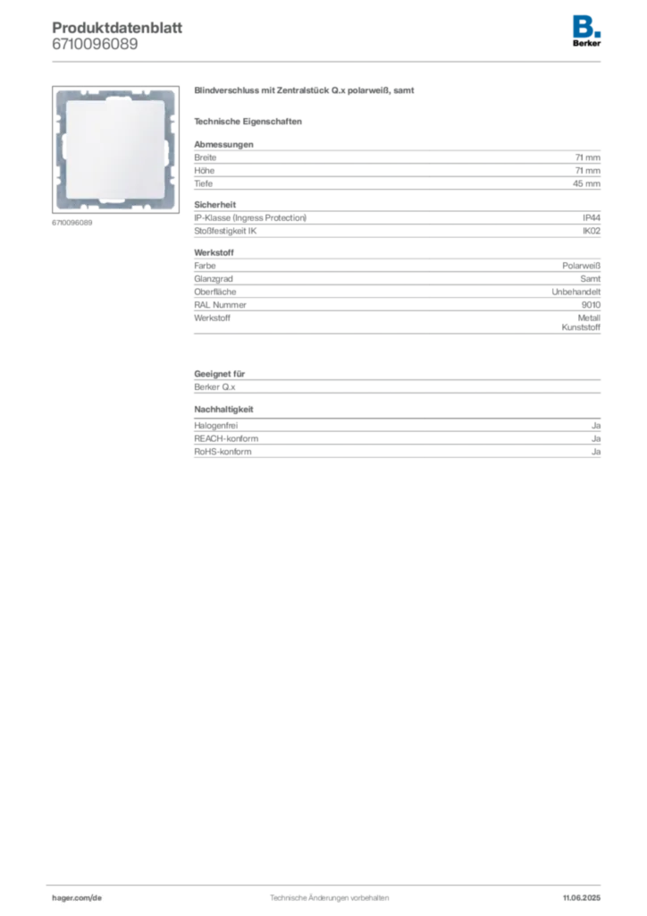 Bild Berker Produktdatenblatt 6710096089 | Hager Deutschland
