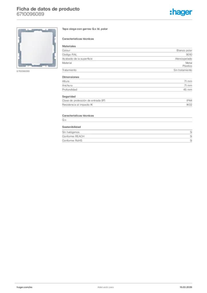 Imagen Hager Ficha de datos de producto 6710096089 | Hager España