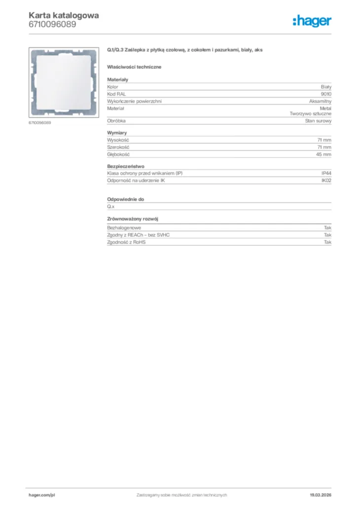 Zdjęcie Hager Karta katalogowa 6710096089 | Hager Polska