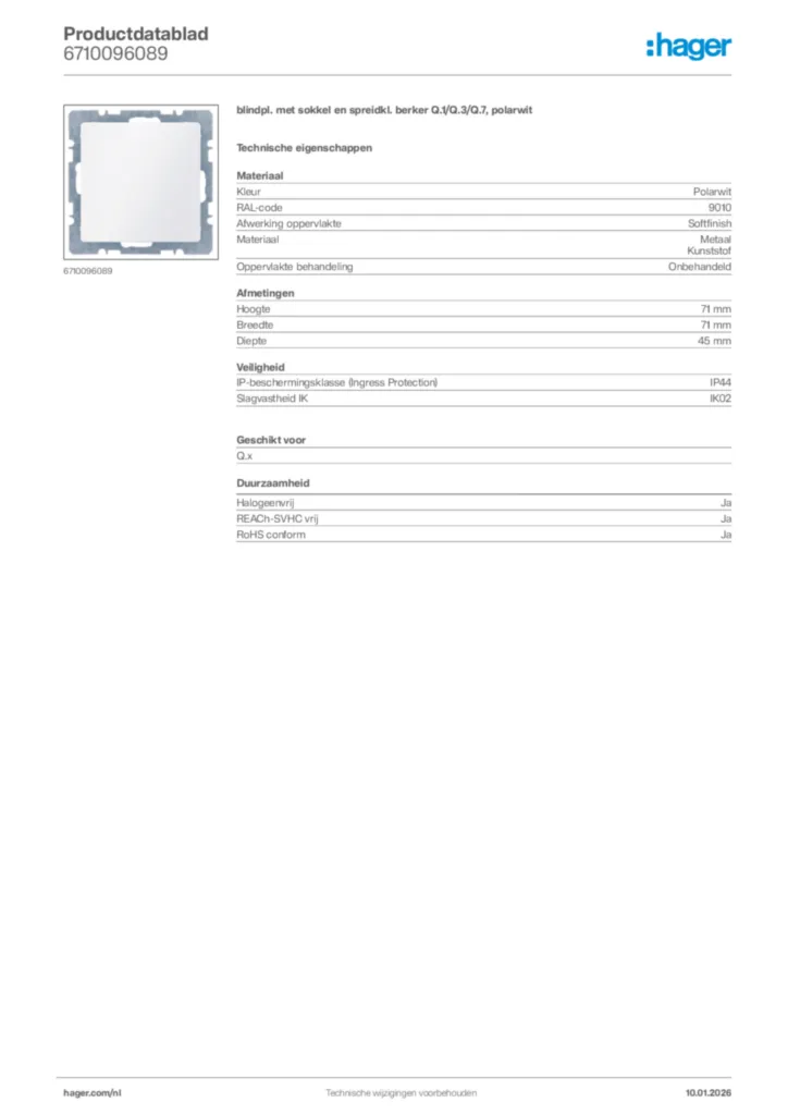 Afbeelding Hager Productdatablad 6710096089 | Hager Nederland