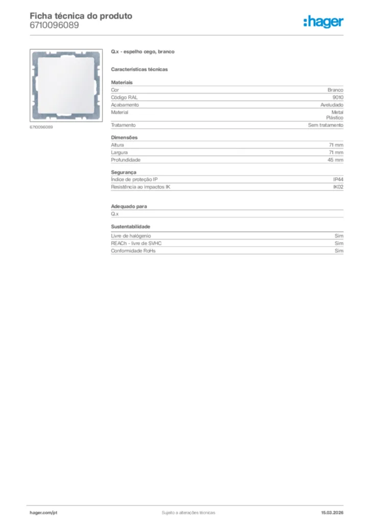Imagem Hager Ficha técnica do produto 6710096089 | Hager Portugal