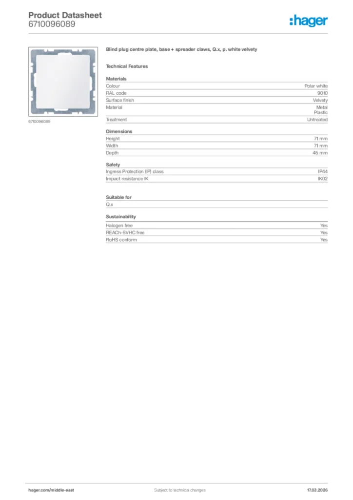 Image Hager Product data sheet 6710096089  | Hager