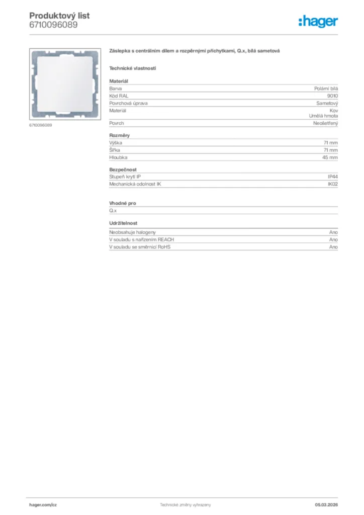 Obrázek Hager Product data sheet 6710096089 | Hager