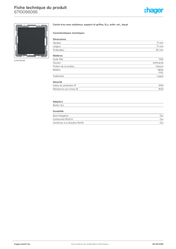 Image Hager Fiche technique du produit 6710096086 | Hager Belgique