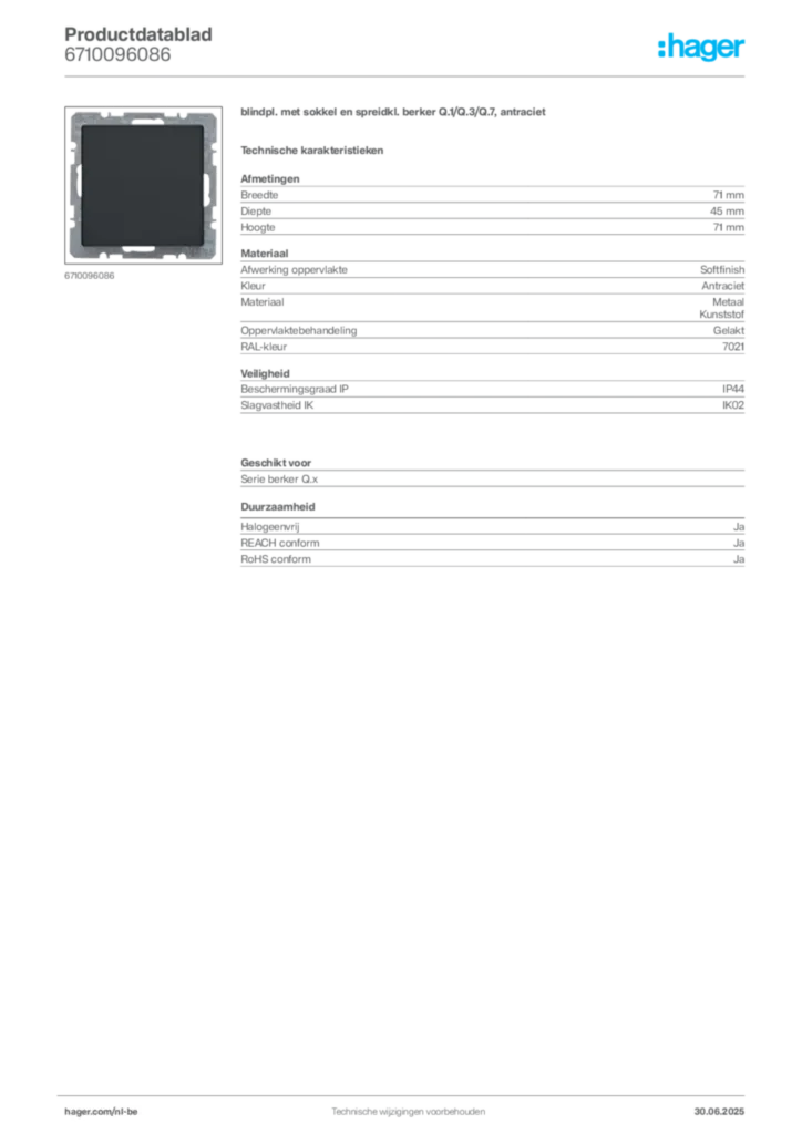 Afbeelding Hager Productdatablad 6710096086 | Hager Belgium