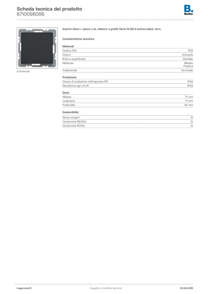 Immagine Berker Scheda tecnica del prodotto 6710096086 | Hager Italia