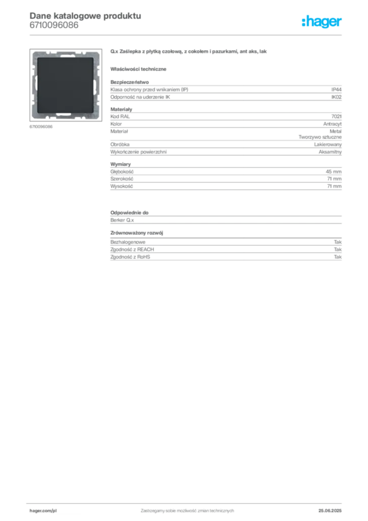 Zdjęcie Hager Dane katalogowe produktu 6710096086 | Hager Polska