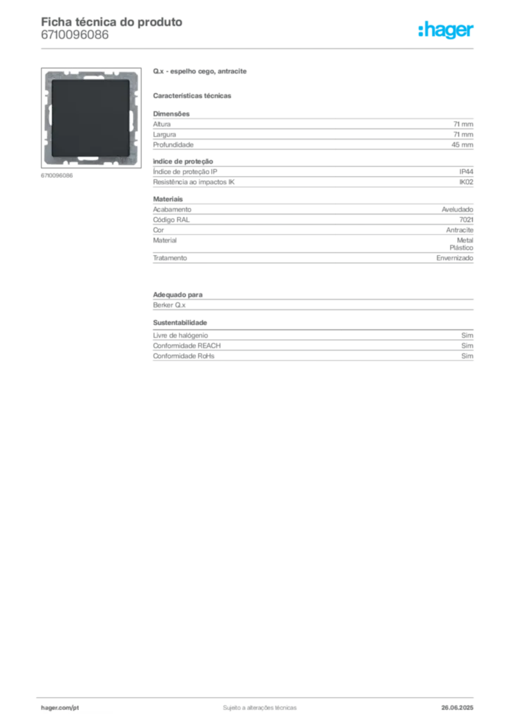 Imagem Hager Ficha técnica do produto 6710096086 | Hager Portugal