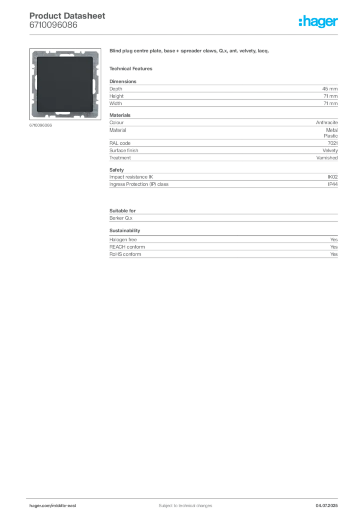 Image Hager Product data sheet 6710096086  | Hager