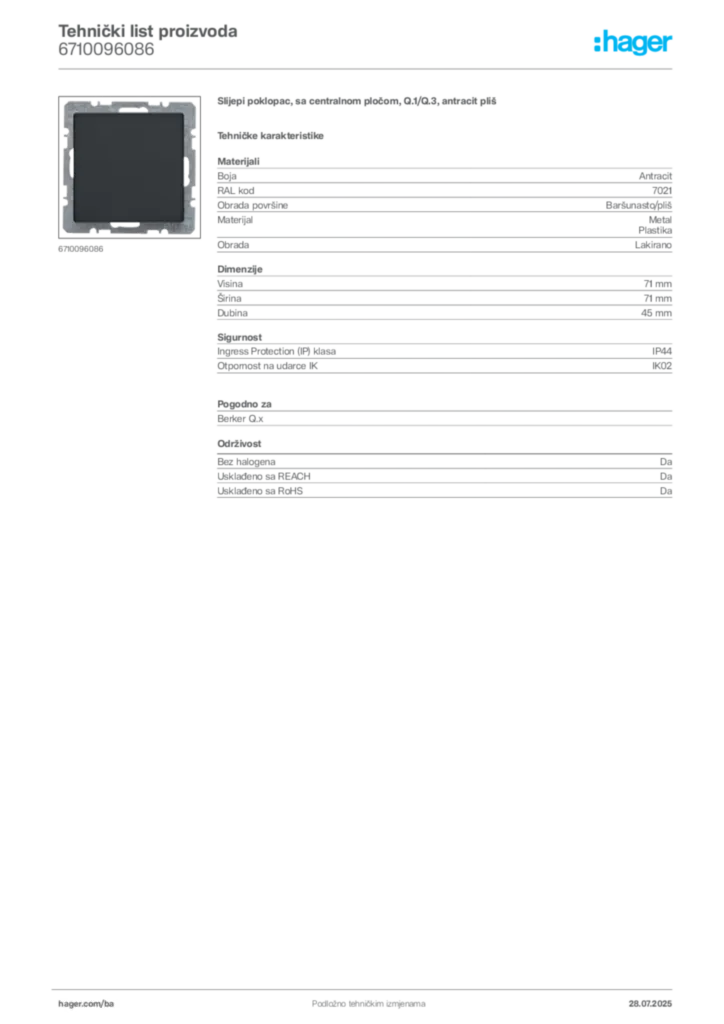 Slika Hager Product data sheet 6710096086  | Hager