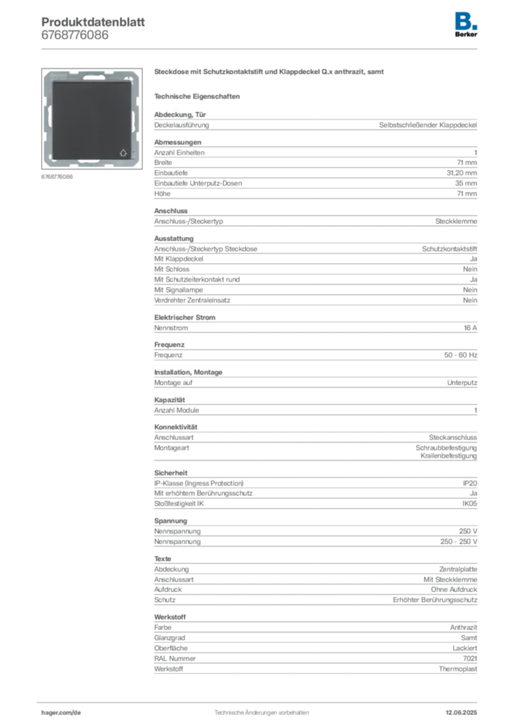 Bild Berker Produktdatenblatt 6768776086 | Hager Deutschland