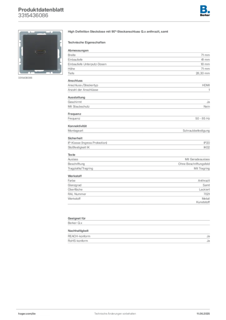 Bild Berker Produktdatenblatt 3315436086 | Hager Deutschland