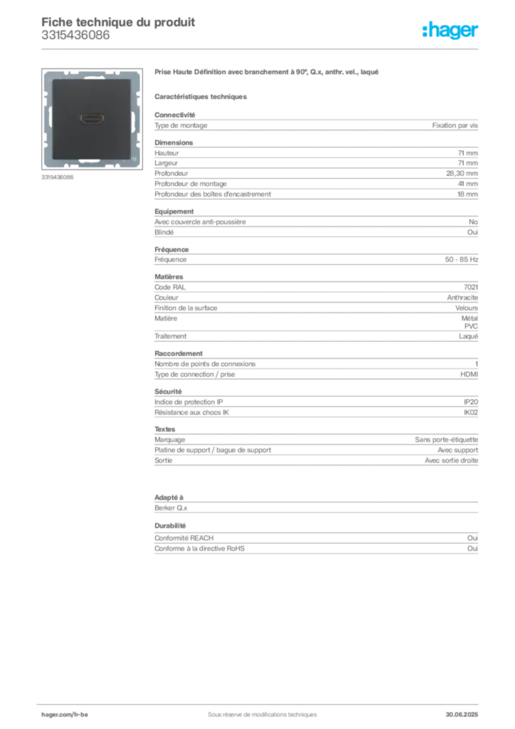 Image Hager Fiche technique du produit 3315436086 | Hager Belgique