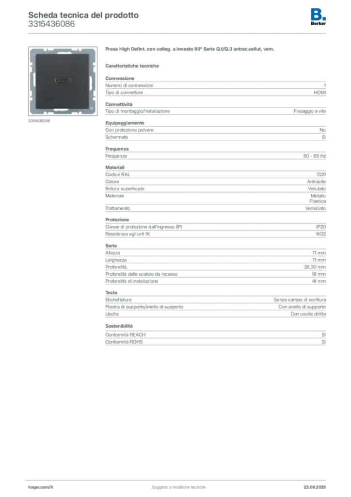 Immagine Berker Scheda tecnica del prodotto 3315436086 | Hager Italia