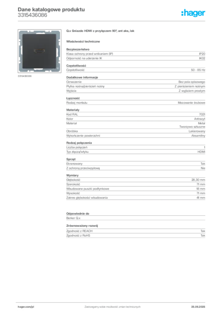 Zdjęcie Hager Dane katalogowe produktu 3315436086 | Hager Polska