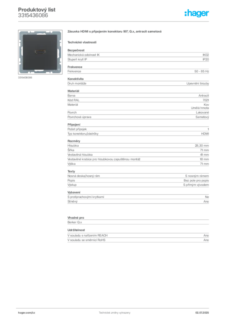 Obrázek Hager Produktový list 3315436086 | Hager