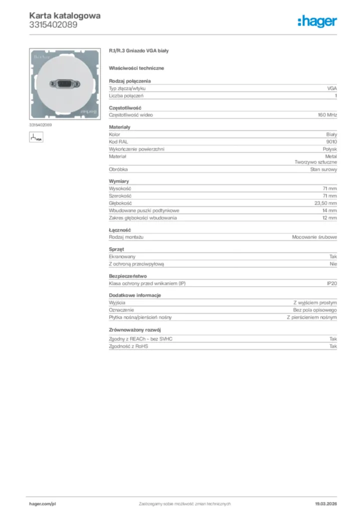 Zdjęcie Hager Karta katalogowa 3315402089 | Hager Polska