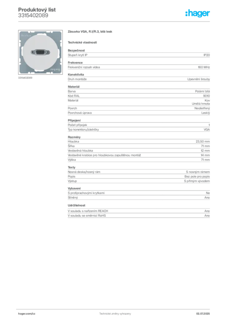 Obrázek Hager Produktový list 3315402089 | Hager