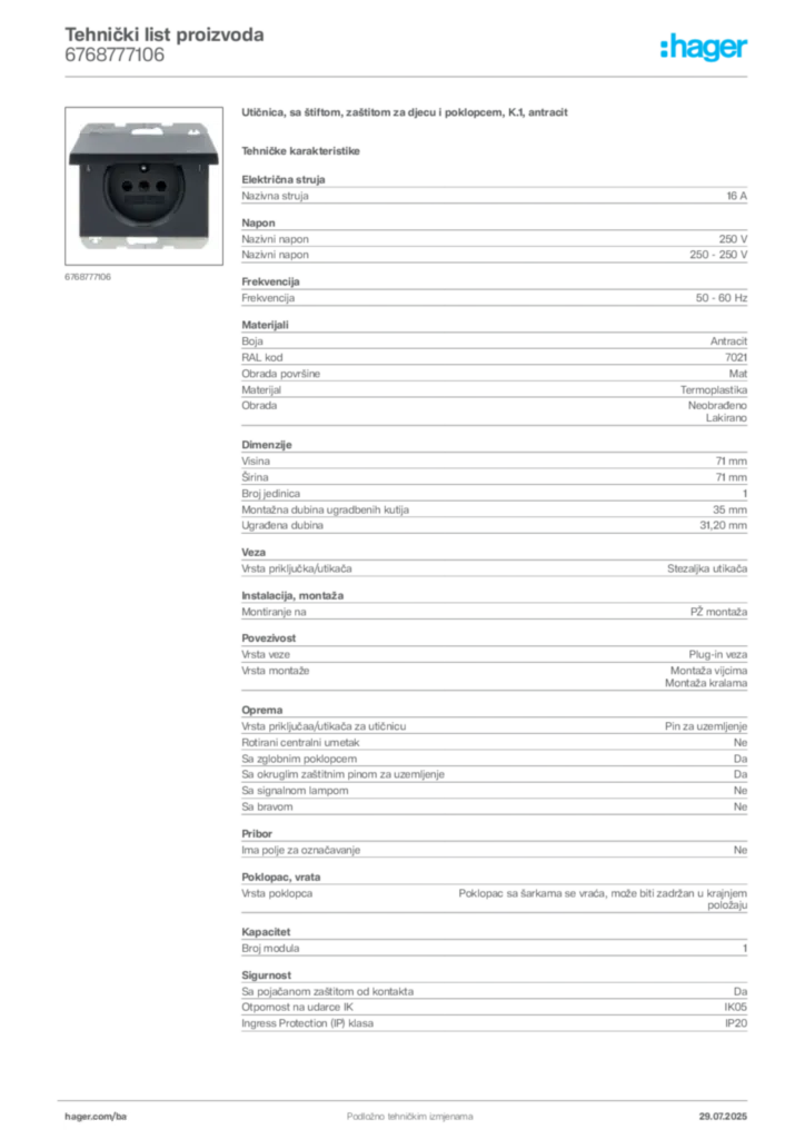 Slika Hager Product data sheet 6768777106  | Hager