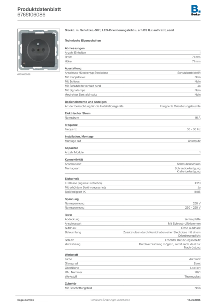 Bild Berker Produktdatenblatt 6765106086 | Hager Deutschland