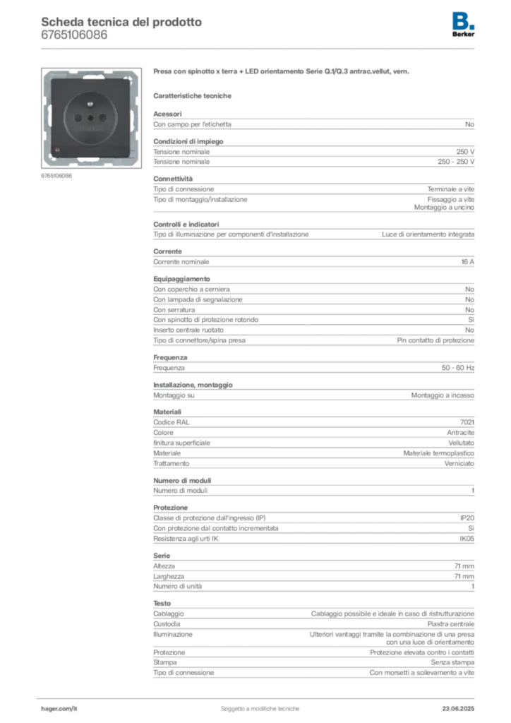 Immagine Berker Scheda tecnica del prodotto 6765106086 | Hager Italia