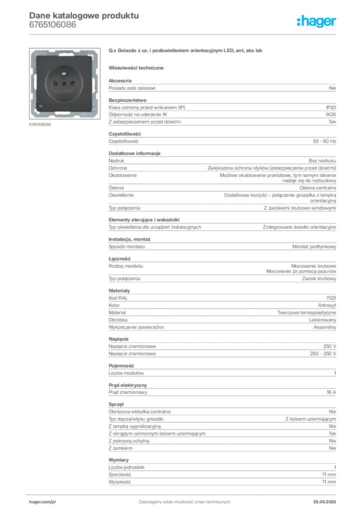 Zdjęcie Hager Dane katalogowe produktu 6765106086 | Hager Polska