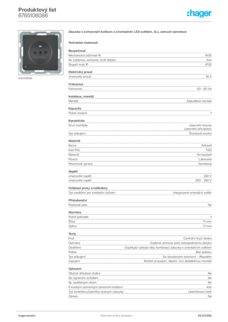 Obrázek Hager Produktový list 6765106086 | Hager