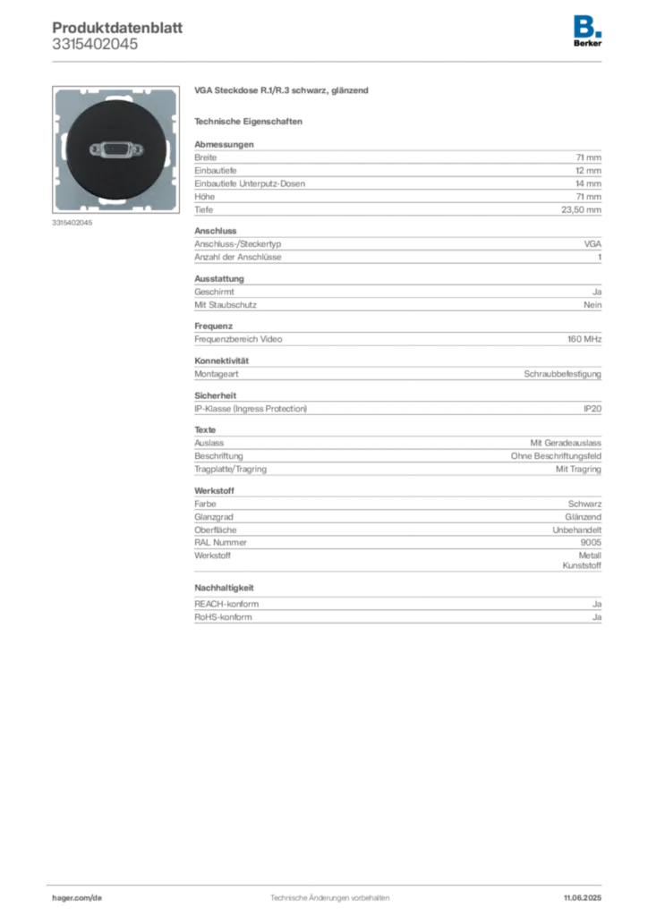 Bild Berker Produktdatenblatt 3315402045 | Hager Deutschland