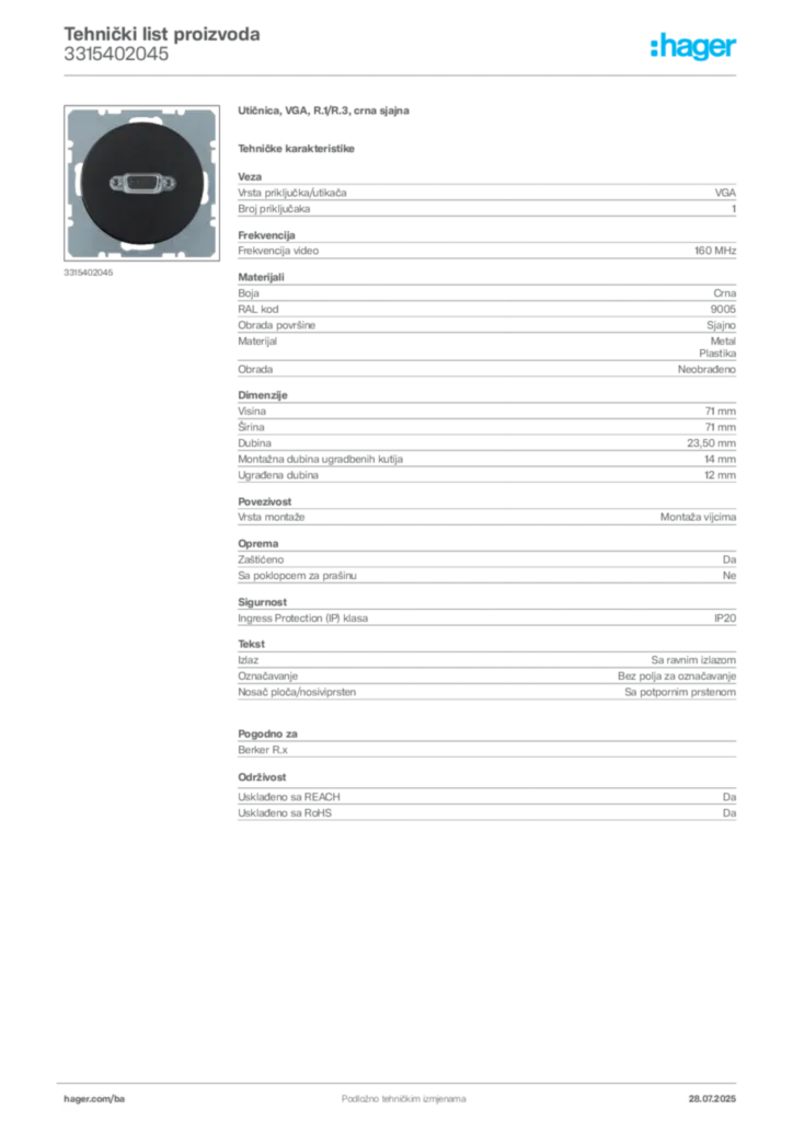 Slika Hager Product data sheet 3315402045  | Hager