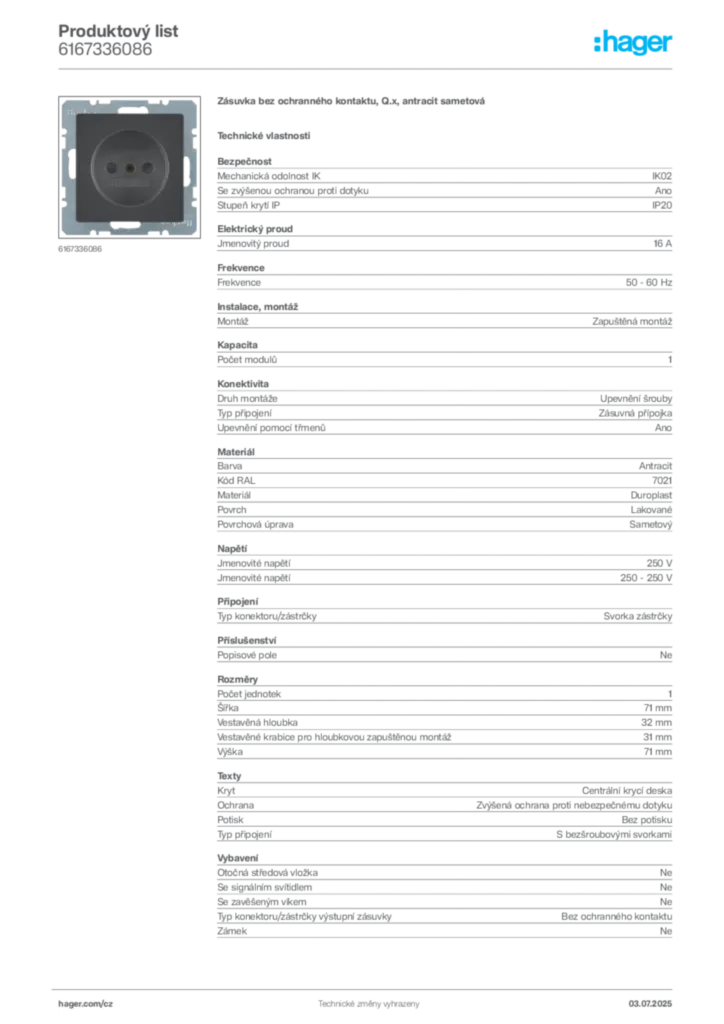 Obrázek Hager Produktový list 6167336086 | Hager